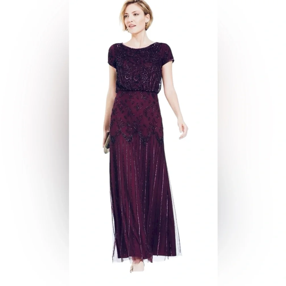 Adrianna Papell Plum Beaded Short-Sleeve Maxi Gown Size 6 Missing Sequins NWT